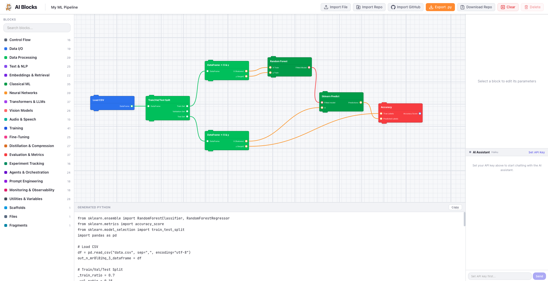 AI Blocks visual editor — a typed ML pipeline graph and the Python it generates